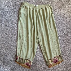 🦋Paradiso Green Palazzo Pants Wide Leg Capri Beaded Hem Bohemian Boho Casual XL